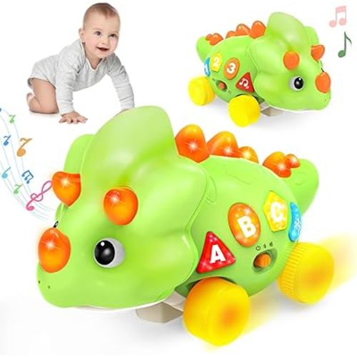 BainGesk Musical Dinosaur Crawling Toy for 6-18 Months, Baby Toys with ABC, 123, Music & Light, Encourages Crawling & Learning