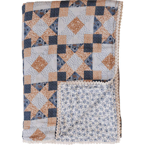 Patchwork Print + Blue Blossom Lace Twin Muslin Quilt