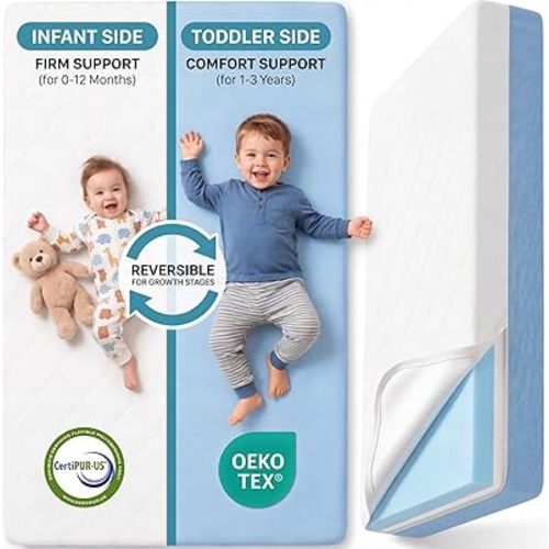 Dual Sided Baby Crib Mattress, 5 Inch Thick Soft & Firm Memory Foam Breathable Toddler Mattress, 4 in1 Standard Baby Bed Mattresses with Removable Washable Cover 52x27.6x5 - Blue