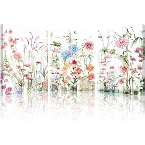 SUMGAR Flower Wall Art Colorful Botanical Decor Pink Wildflower Pictures Watercolor Canvas Prints Framed Painting for Kitchen Living Room Bedroom Bathroom 12" x 16" 3 Panel - Purple Flowers