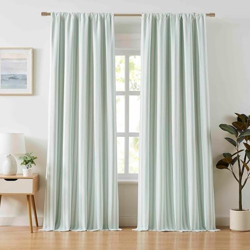 ZJDECOR Short Cotton Blend Green White Striped Curtains,Full Blackout Drapes 63 Inches Long,Cottage Style Window Treatment for Bedroom Living Room,Rod Pocket Back Tabs,55" Wx63 L(Pack of 2)