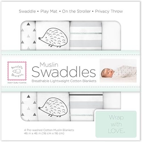 SwaddleDesigns Cotton Muslin Swaddle Blankets, Set of 4, Receiving Blankets for Baby Boys & Girls, Best Shower Gift, 46x46 inches, Black Hedgehogs
