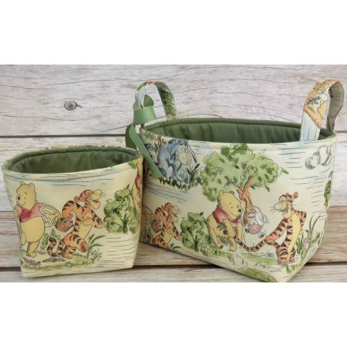 Winnie the Pooh Eeyore Tigger Park Toile Fabric Diaper Caddy Basket Bin - Set of 2