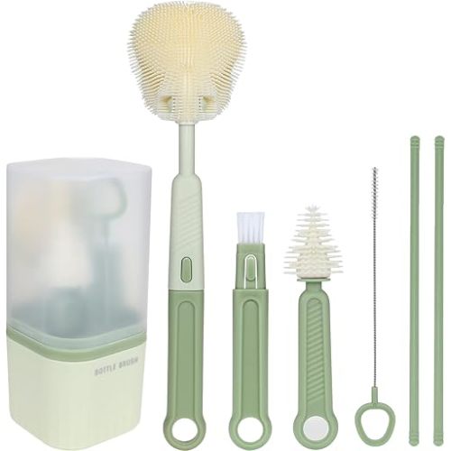 Silicone Baby Bottle Brush Set, Includes Baby Bottle Brush, Nipple Brush, Straw Brush, Spout Brush, Drying Rack and Storage Box, Portable and Travel-Friendly (Flat - Green)