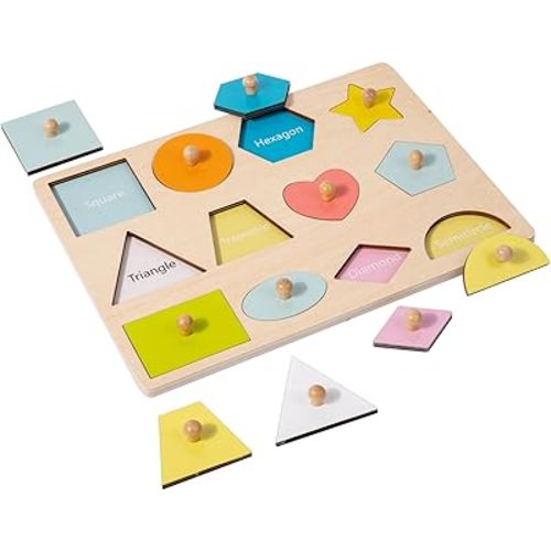 Montessori Toy for Babies 12-18 Months Wooden Shape Puzzles for Toddlers 1-3,Shape Peg Puzzles,Baby Puzzle 12-18-24 Months with Knob,Color & Shape Sorter for Toddlers(12 Geometric Shapes)