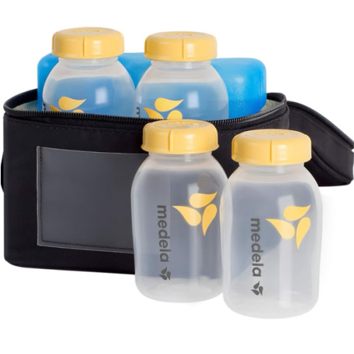 Medela Breast Milk Storage Cooler Bag with Contoured Ice Pack, 4 Bottles and Lids, Convenient Breastmilk Transport