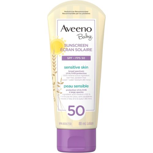 Aveeno Crème solaire minérale pour bébé SPF 50 - 100 % d'origine naturelle Oxyde de zinc pour peau sensible - Résistante à l'eau - 88 mL