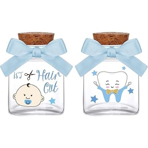 Eaasty 2 Piece Baby Keepsake Box Glass Baby First Teeth Curl Haircut Keepsake Holder for Boys and Girls(Blue,Boy Pattern)