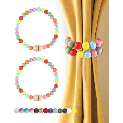 Colorful Beaded Curtain Tiebacks Magnetic: Cute Baby Nursery Decor Boho Curtain Tie Backs Holders Curtain Holdbacks Magnetic Ties Backs for Drapes & Sheer Boho Home Decor