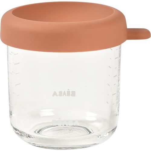 BEABA 6 Pack Glass Baby Food Jars with Soft Silicone Air Tight Lids, 8 oz Glass Storage Containers with Lids, Microwave and Freezer Safe Containers, Sunrise