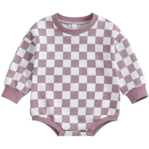 Karuedoo Baby Boy Girl Checkered Sweatshirt Romper Oversized Long Sleeve Bubble Romper Top Neutral Baby Fall Clothes
