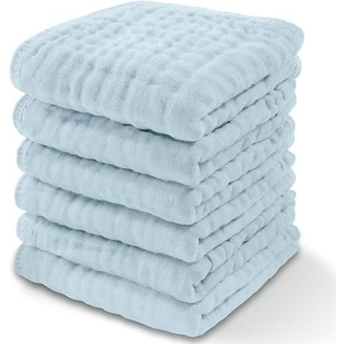 Baby Washcloths, Muslin Cotton Baby Towels, 6 Pack -Large 10”x10” Wash Cloths Soft on Sensitive Skin, Absorbent for Boys & Girls, Newborn Baby & Toddlers Bibs & Burp Cloths Essentials Set, Sky Blue