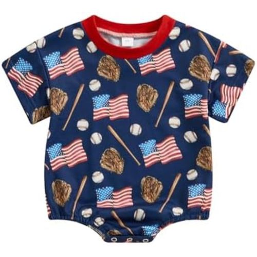 Newborn Baby Boy Girl Baseball Romper Flag Print Short Sleeve Bubble oversized Bodysuit Infant 4th of July Clothes