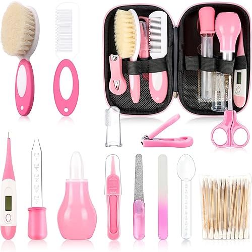 Baby Grooming Kit,Infant Safety Care Setwith Hair Brush Comb Nail Clipper Nasal Aspirator, Baby Essentials Kit for Newborn Girls Boys (14 PC-Pink Kit)