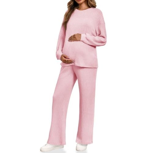 Yousify Womens Maternity Pajamas Sets 2 Piece Outfits Ribbed Knit Long Sleeve Tops Pants Loungewear Mama Clothes