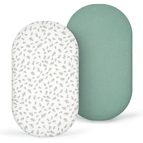 Muslin Bassinet Sheets Baby: Cotton Bassinet Sheets Fitted for Boys and Girls - Bassinet Sheets for Oval Rectangle or Hourglass Mattress(Lotus Leaf)