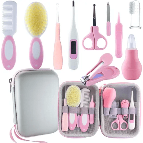 Baby Grooming Kit, Baby Essentials for Newborns, Portable Baby Care Kit, Contains Baby Nail Clippers, Baby Comb, Baby Brush, Baby Ear Wax Removal Tool and More (10 in 1) (Pink)