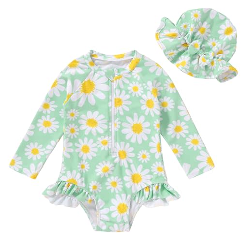 Infant Baby Girl Swimsuit One-Piece Long Sleeve Rash Guard with Hat Set Floral Zipper Bathing Suit Leopard Beach Wear
