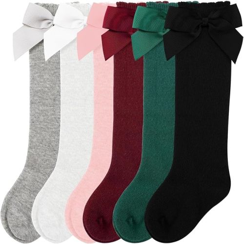 CozyWay Baby & Toddler Knee High Bow Socks For Girls - Multi Color - 6 Pack