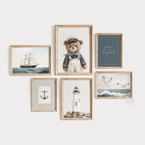 Boy Coastal Set of Six | Nautical Nursery Paintings | Teddy Bear Sailor Print | Kids Room Sailboat Decor | Navy Ocean Playroom Art | PS137