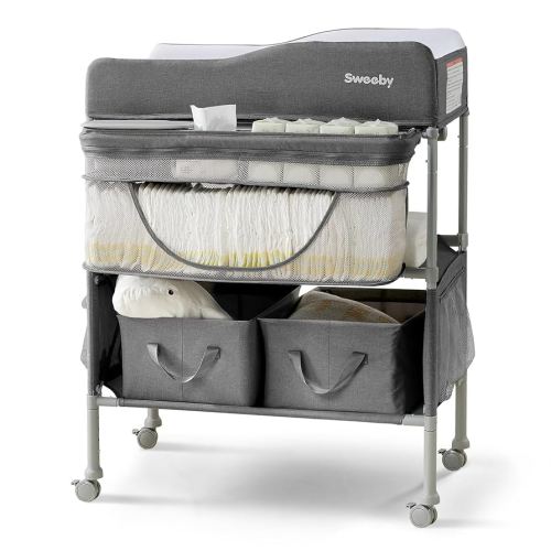 Sweeby Portable Baby Changing Table, Foldable Changing Table Dresser Changing Station for Infant, Waterproof Diaper Changing Table Pad Topper, Mobile Nursery Organizer for Newborn Essentials,Darkgrey