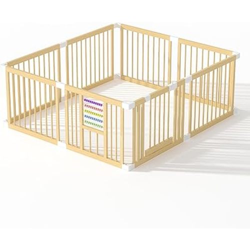 Baby Playpen with Gate, Wooden Playpen for Babies and Toddlers, Baby Play Yard with Colorful Acrylic Beads, Baby Fence Play Area with Suction Cups, Extra Large Play Pen Area Indoor(71 * 63 * 24Inch)