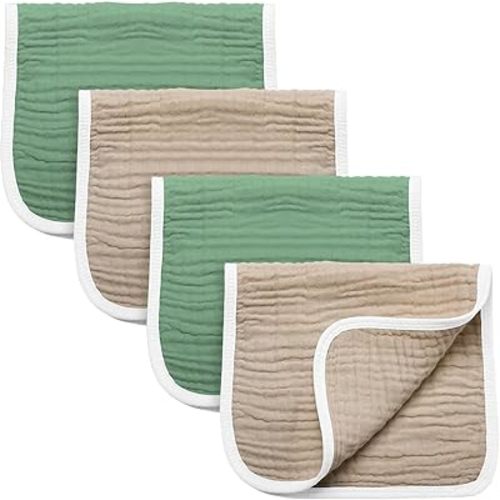 Synrroe Burp Cloths Large, Muslin Burp Cloths for Baby Girls and Boys, Pack of 4 Extra Absorbent and Soft Muslin Bibs, 6 Layers 20 by 10 Inches 100% Cotton (Brown-Green 4 Pack)