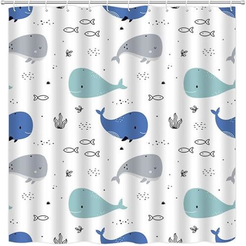 Cartoon Whale Shower Curtain Funny Cute Blue Gray Underwater Fish Abstract Nautical Ocean Sealife Polyester Curtains Bathroom Decor with Hooks 70" Wx70 H