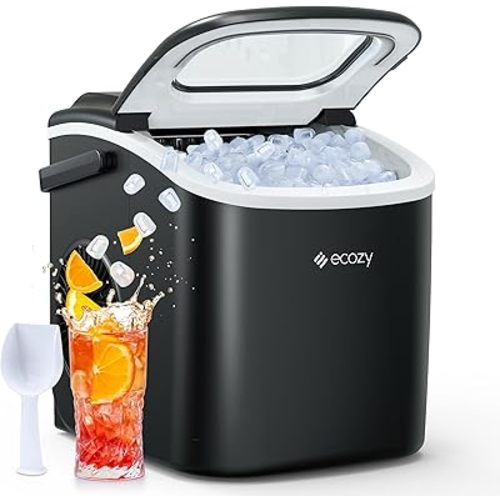 ecozy Ice Makers Countertop, Portable Ice Machine with Carry Handle, 26lbs in 24Hrs, 9 Ice Cubes Ready in 6 Mins, Auto-Cleaning Ice Maker with Basket and Scoop, for Home/Kitchen/Camping/RV
