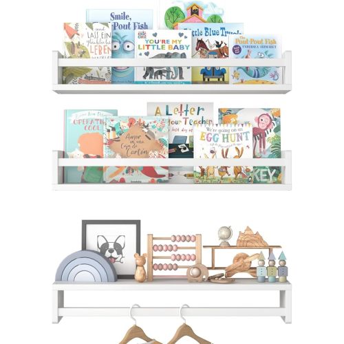 Floating Nursery Book Shelves for Wall, 23.6 Inch Nature Solid Wood Wall Mounted Bookshelf Set of 3, Hanging Bookshelves for Kids Room, Bedroom Nursery Decor and Book Storage (White-B)