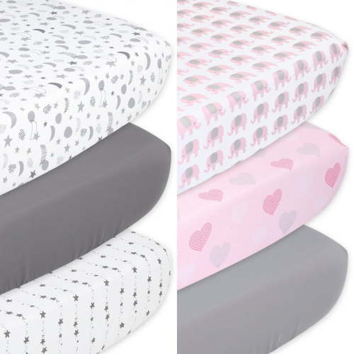 The Peanutshell Celestial Stars and Pink Elephant Fitted Crib Sheets for Girls, 6-Pack Set, Grey, Pink