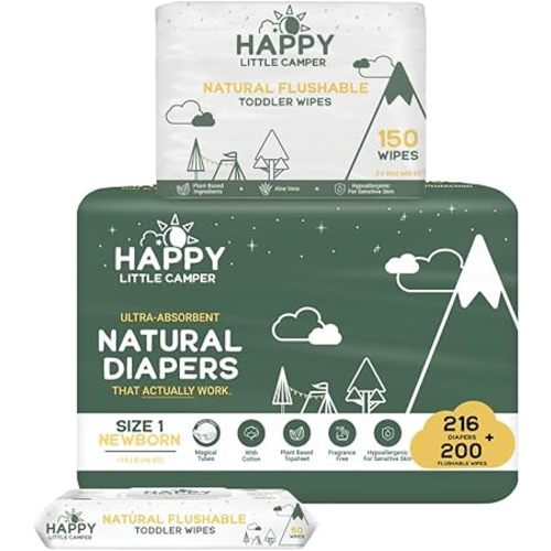 Happy Little Camper Ultra-Absorbent Natural Baby Diapers Size 1 - Hypoallergenic, Unscented & Chlorine-Free Disposable Diapers (216 Count) Come with Flushable Wipes (200 Count) for Sensitive Skin