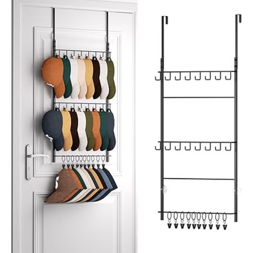 Over Door Hat Rack - 3 Tier Wall Mounted Hat Organizer with 18 Hooks and 10 Movable Clips, Baseball Cap Organizer Storage Holds up to 28 Caps for Door, Bedroom, Closet USPTO Patent Pending