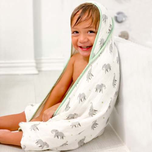 Baby Hooded Towel & Washcloth Set, Elephant, Bamboo Muslin