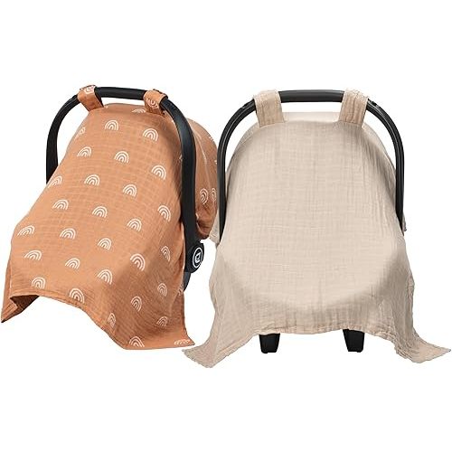 Meracorallo Muslin Baby Car Seat Cover, 2 Pack Lightweight Breathable Soft Infant Carrier Cover Carseat Canopy for Baby Boys and Girls, Rainbow & Beige