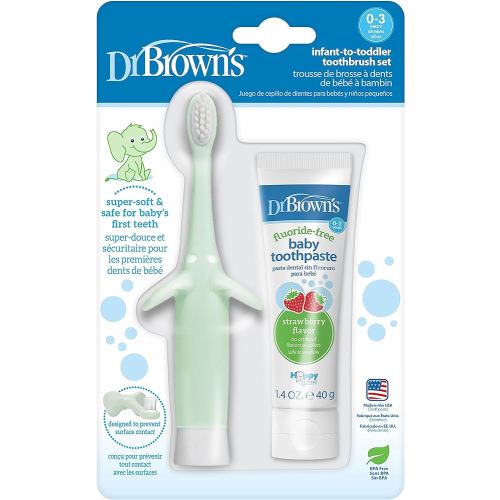 Dr. Brown's Infant-to-Toddler Training Toothbrush Set, Mint Elephant with Fluoride-Free Strawberry Baby Toothpaste, 0-3 Years
