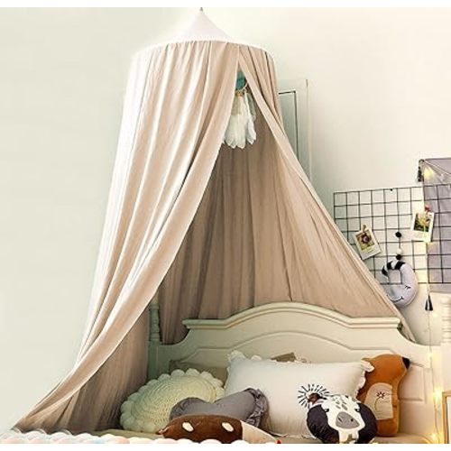 Bunnikins & Clover Bed Canopy for Girls Boys Bedroom Decor, Round Dome Mosquito Net for Baby Crib, Nook Castle Game Tent Nursery Decoration for Child, Play or Reading (Khaki)