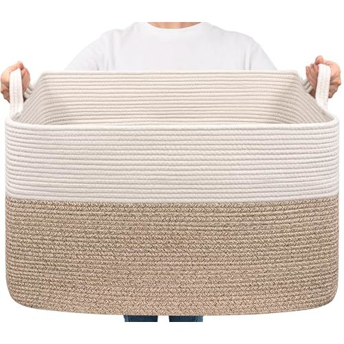 Goodpick Extra Large Woven Blanket Basket, 23.6" x 15.7" x 13.8" Storage Organizer for Blankets, Toys, Dirty Clothes, Rectangle Cotton Rope Basket for Living Room, Nursery, Bedroom
