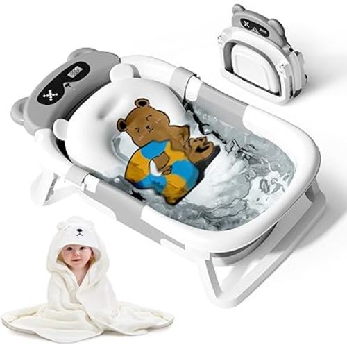 Kerbwry Baby Bathtub, Baby Bath Tub with Thermometer, Soft Towel and Floating Cushion, Baignoire Pour Bébé (0-24 Months) Grey