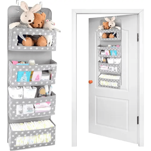 Vesta Baby Nursery Over Door Hanging Organizer with Metal Hooks | 4 Large Clear Window Pocket Storage for Kids Room, Bathroom, Closet | Gray Star Fabric Caddy for Diapers, Toys, Cosmetics, Clothes