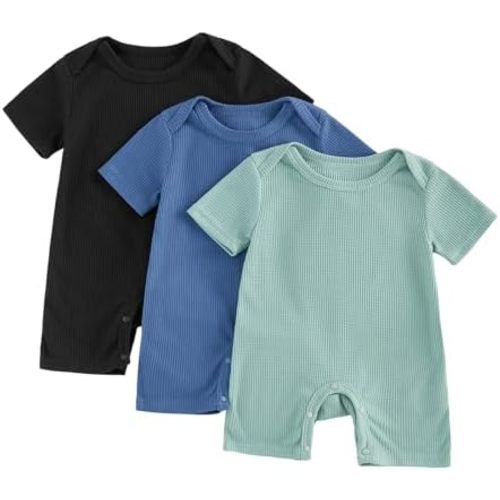Rtnnsbbfcm Newborn Baby Boy Clothes Short Sleeve Romper Waffle Jumpsuit One-Piece Bodysuit 3-Pack Infant Summer Outfits
