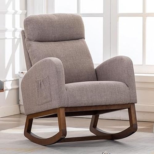 Rocking Chair Nursery, Glider Chair with High Back and Side Pocket, Solid Wood Frame Armchair with Non-Slip Padding for Nursery, Living Room, Bedroom(Grey)