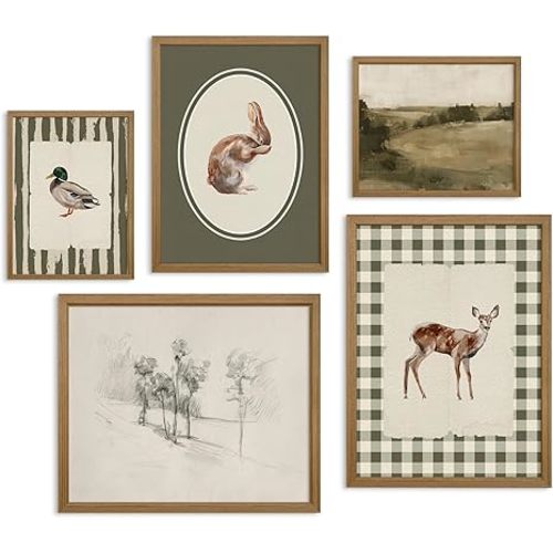 Vintage Nursery Wall Art Kids Canvas Poster Baby Boy Room Wall Decor Green Rabbit Wall Art Bunny Bird Prints Deer Picture Farmhouse Painting Nursery Artwork for Bedroom 12x16 Inch Wood Framed Set of 5