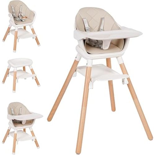Baby High Chair, 6 in 1 Wooden Convertible High Chairs for Babies and Toddlers, Booster Seat with Double Tray & Reversible Footrest Baby Highchair, 5-Point Harness Baby Feeding Chair, Beige