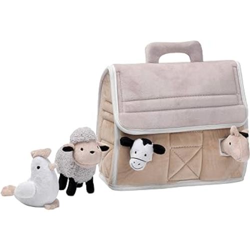 Lambs & Ivy Baby Farm Plush Barn with 4 Stuffed Animals Toy - Taupe/Gray/White