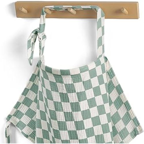 Blissful Diary Muslin Nursing Cover for Breastfeeding, Breathable Breastfeeding Cover up with Arch Neckline for Women, Nursing Apron (Sage Checkboard)