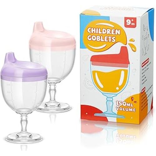 Irenare 2 Pcs Baby Wine Sippy Cup Plastic Goblet Cup No Spill Wine Glass Baby Sippy Goblet Glass Beverage Mug Milk Bottle with Lid for Kids (Pink,Purple)