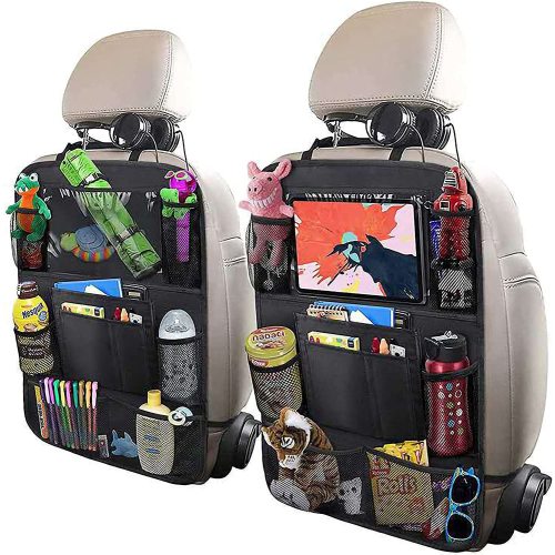 Astarin Car Backseat Organizer 2 Pack, Kick Mats Back Seat Protector with 10" Touch Screen Tablet Holder, Car Seat Organizer for Kids, Car Travel Accessories with 9 Storage Pockets