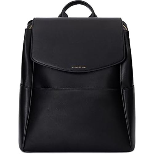 MIA + SOPHIA Leather Diaper Bag Backpack with USB Charging port, Changing Pad, Stroller Straps, and Bottle Holder (Black Olivia)