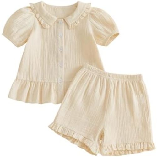 Baby Girl Button Down A-line Shirt Tops + Ruffled Shorts 2Pieces Clothes Set Cotton Gauze Solid Toddler Summer Outfit